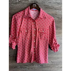 J. McLaughlin Top blouse Sz XS Button down 3/4 Sleeves Stretchy Coral Excellent